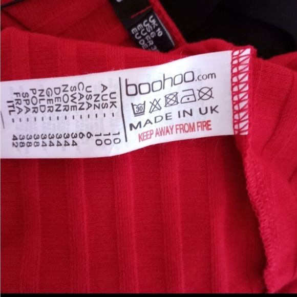 BOOHOO RED RIBBED OFF-THE-SHOULDER BODYCON DRESS - Picture 12 of 13